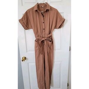 100% Linen Belted Jumpsuit Women's Size Small Short‎ Sleeve Button Front Tan